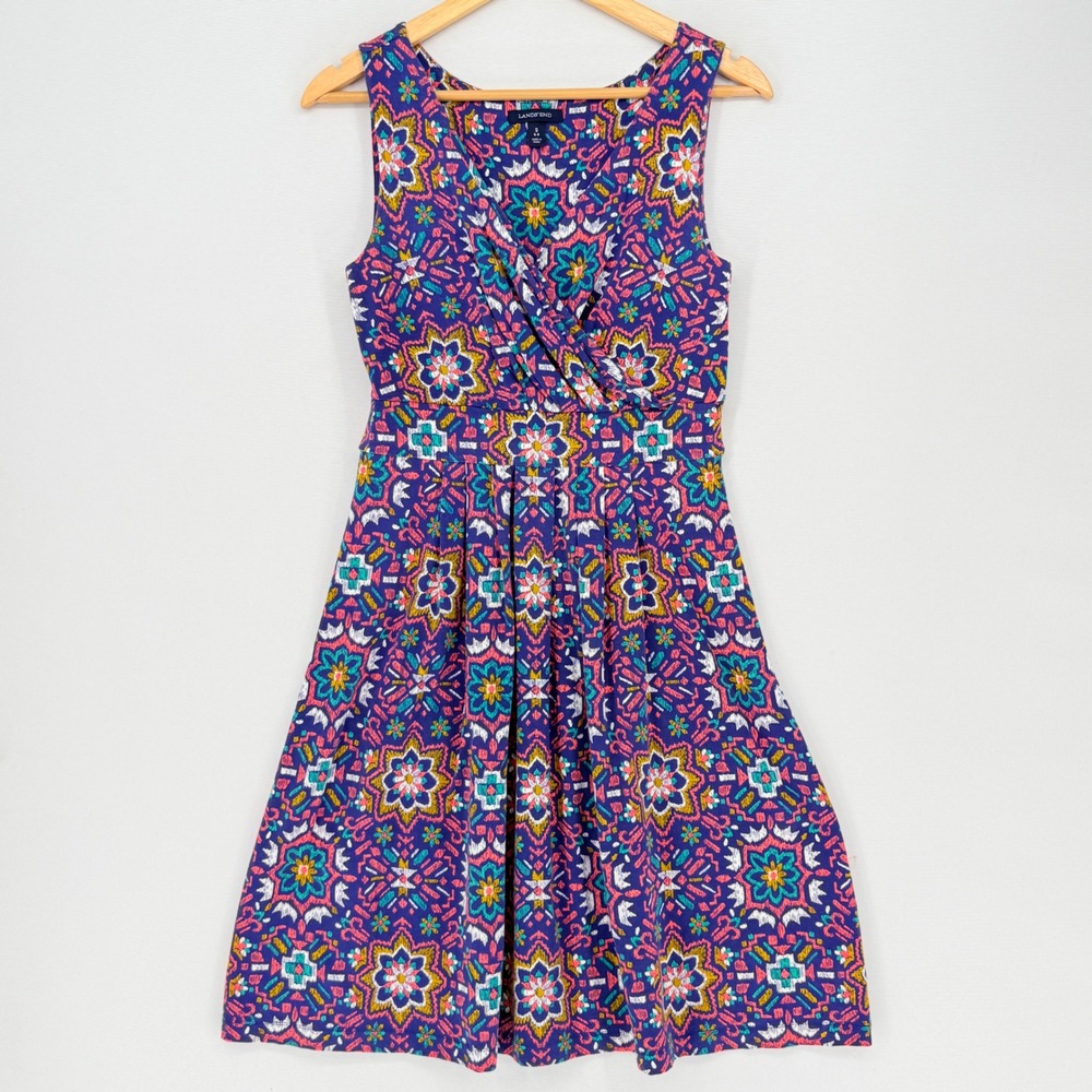 Lands End Surplice Dress Womens Small Purple Floral Ikat Boho Mod Vacation Beach